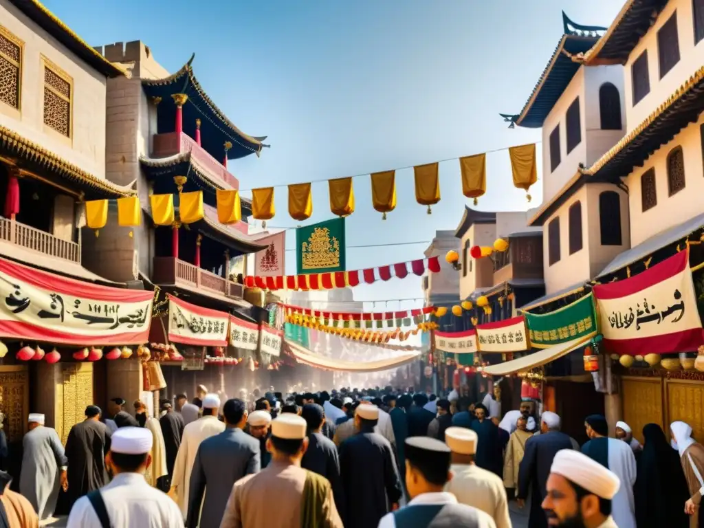 Una calle histórica bulliciosa durante la Festividad Ashura Islam chiíta, con edificios intrincados y gente animada