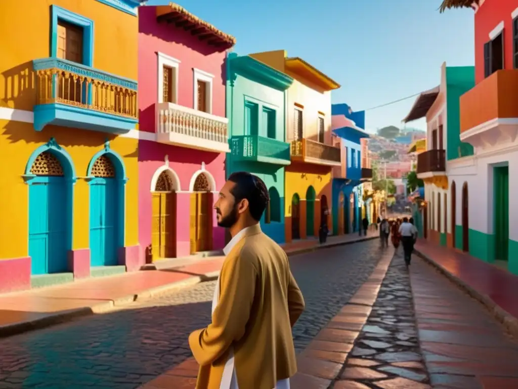 Conversación cálida en una calle latina llena de color, reflejando la transformación al convertirse al Islam en tierras latinas