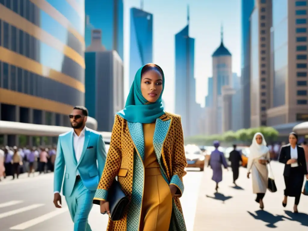 Una calle moderna y llena de vida, con personas vistiendo moda islámica contemporánea