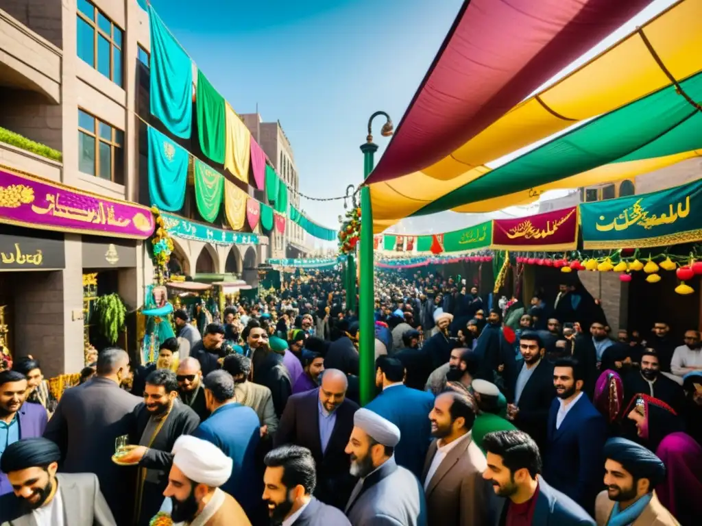 Una calle vibrante y bulliciosa en una ciudad moderna, llena de celebraciones de Nowruz con una fusión de tradiciones y culturas