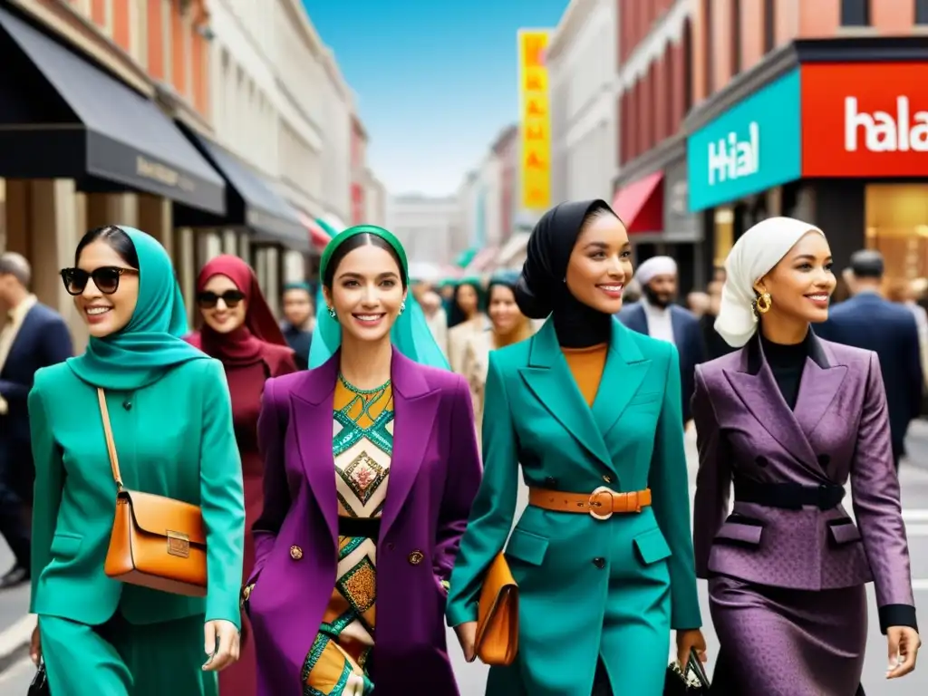 Una calle vibrante llena de moda Halal impacto social, con personas de diferentes orígenes celebrando la diversidad y la inclusión