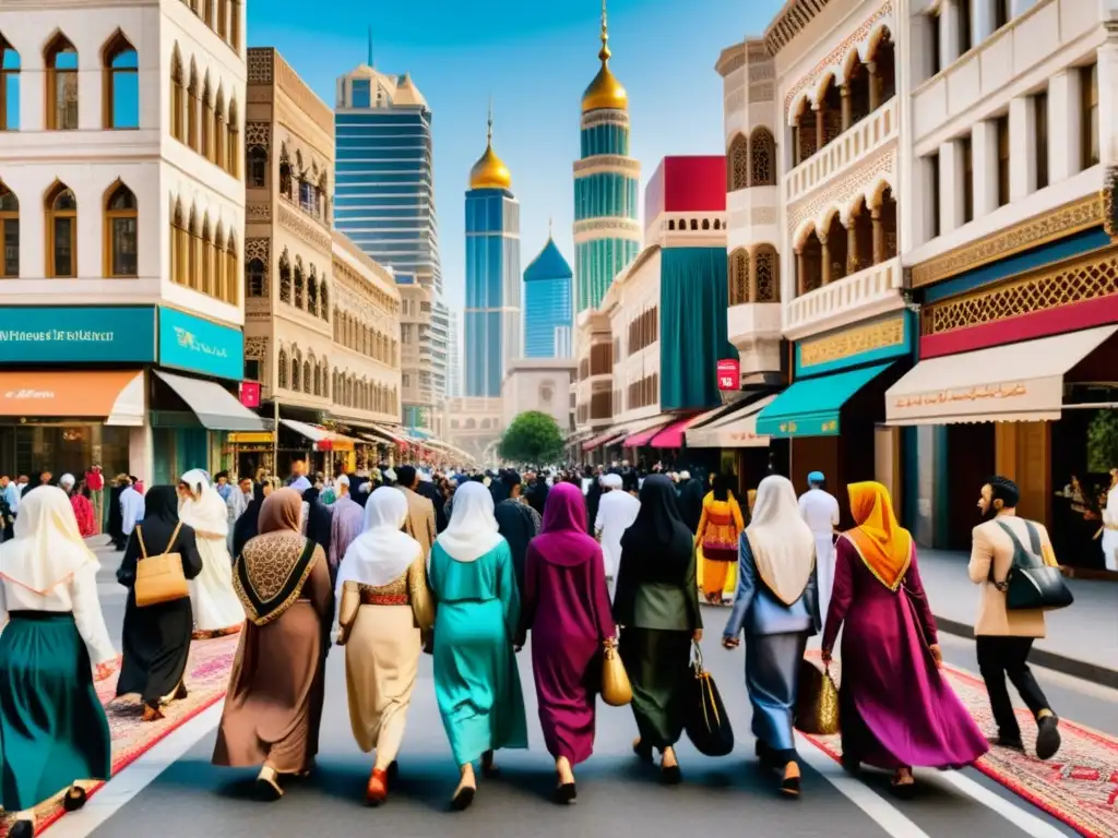 Calles de una ciudad bulliciosa con gente de diferentes culturas vistiendo prendas islámicas modernas