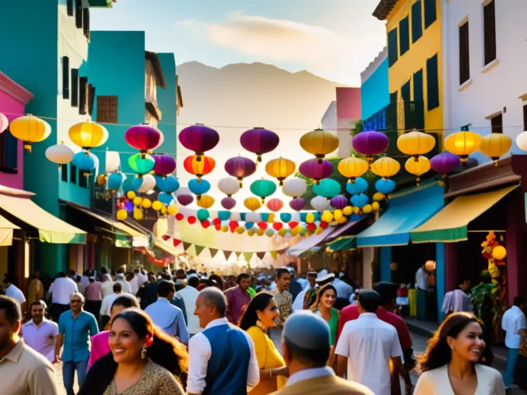 Calles vibrantes de una ciudad latinoamericana celebrando Eid al-Fitr con diversidad cultural y tradiciones latinoamericanas e islámicas