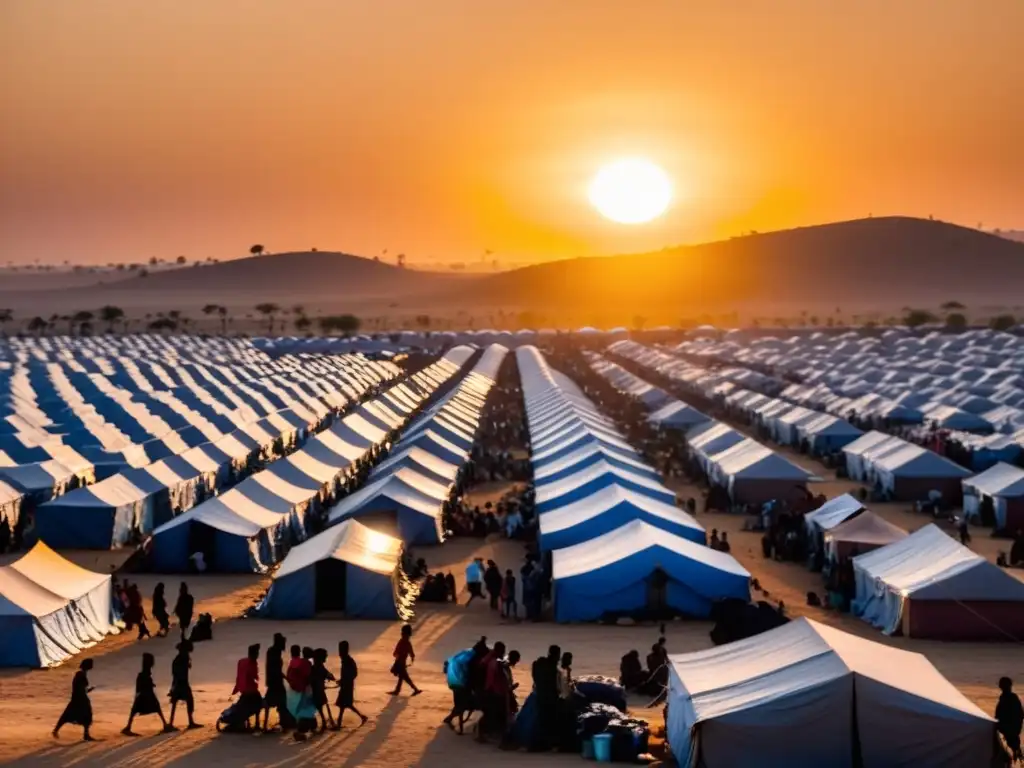 Un campamento de refugiados abarrotado al atardecer, con cientos de tiendas ordenadas en filas en una llanura polvorienta