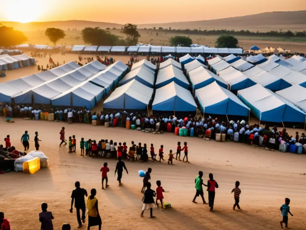 Un campamento de refugiados en atardecer, con tiendas al fondo y niños jugando