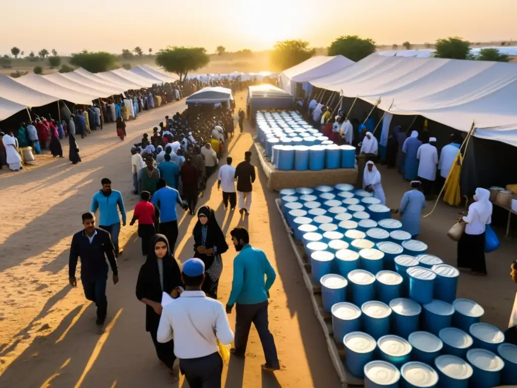 Campamento de refugiados al amanecer con voluntarios islámicos distribuyendo ayuda