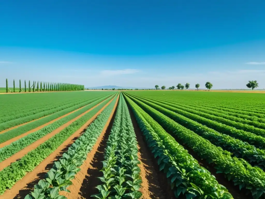 Campo verde exuberante con cultivos vibrantes bajo cielo azul