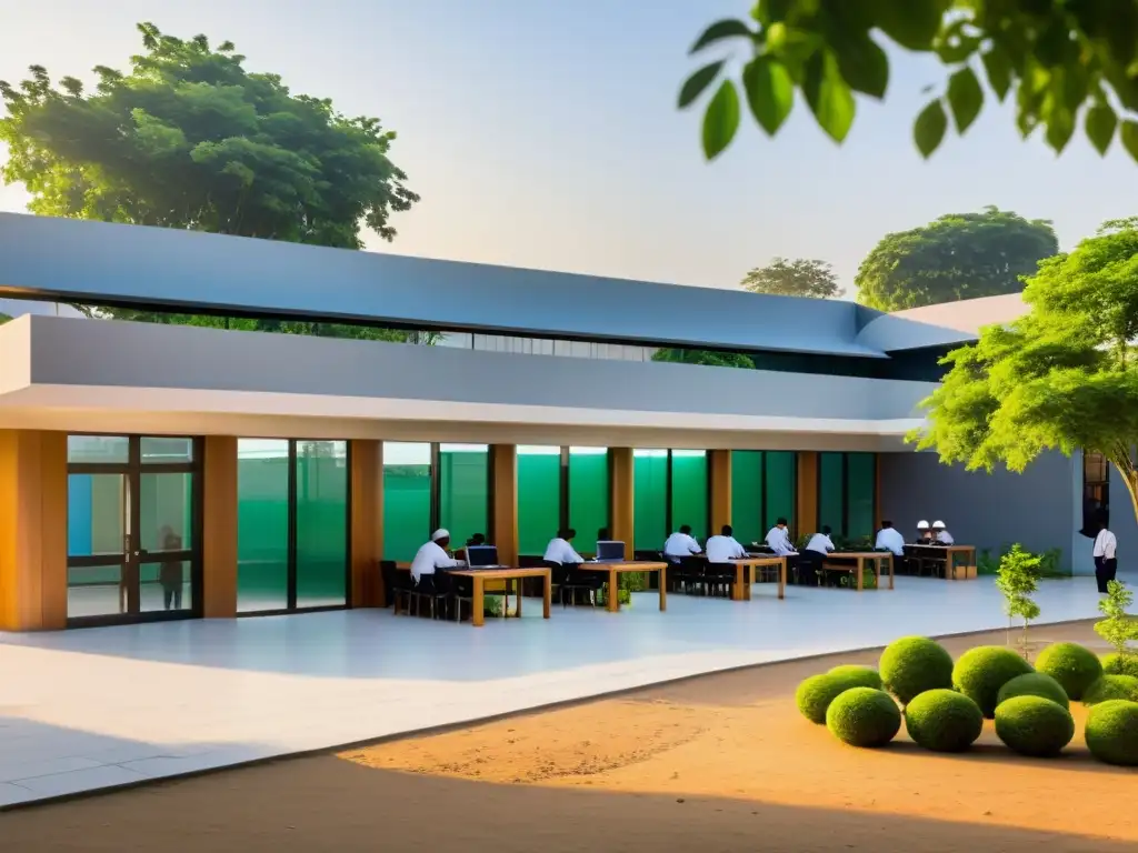 Campus islámico innovador y dinámico al atardecer Campus escolar islámico moderno con tecnología de vanguardia