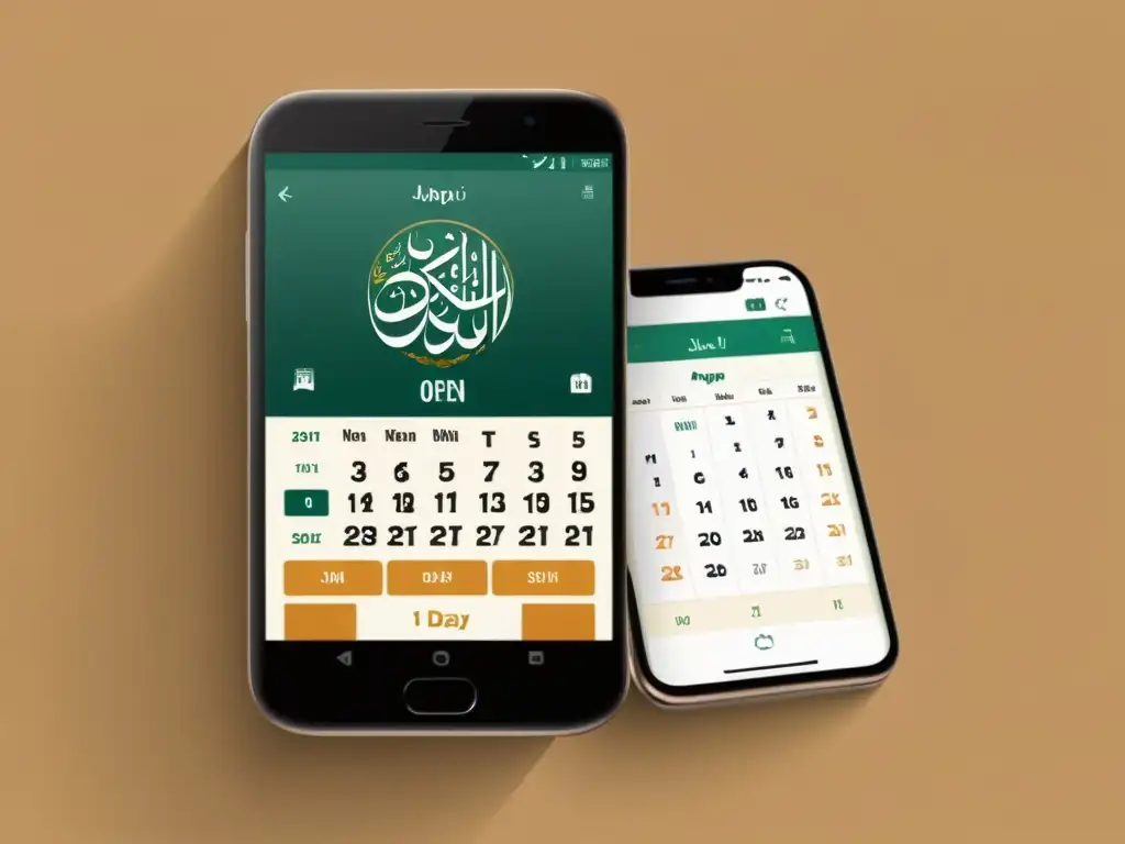 Captura de pantalla de una aplicación del calendario islámico con diseño elegante y funcional