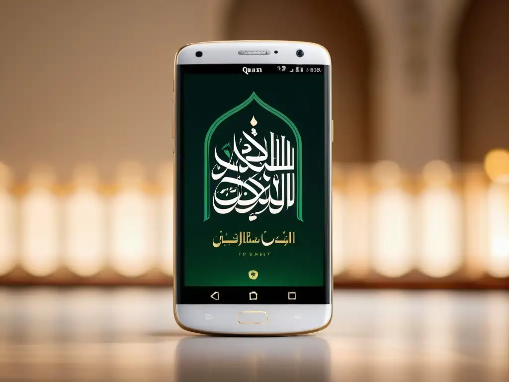 Captura de pantalla de app para recitar Corán digitalmente en un entorno sereno y pacífico, con elegante caligrafía árabe y colores relajantes