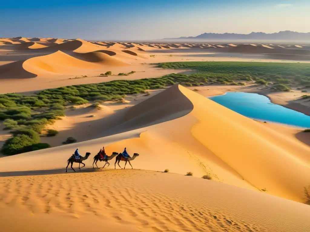 Caravana beduina atraviesa el desierto dorado, destacando la tradición beduina en la poesía con sus coloridos atuendos y camellos