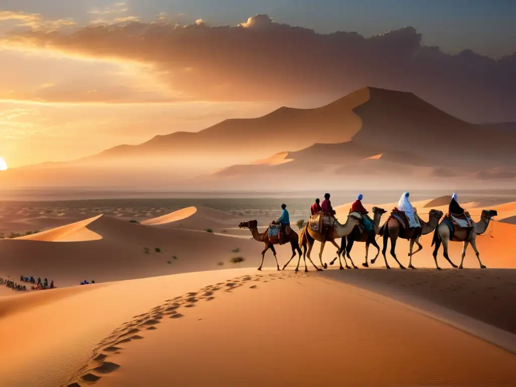 Una caravana bulliciosa atraviesa el desierto del Sahara al atardecer, destacando las complejas redes comercio musulmanes Sahara