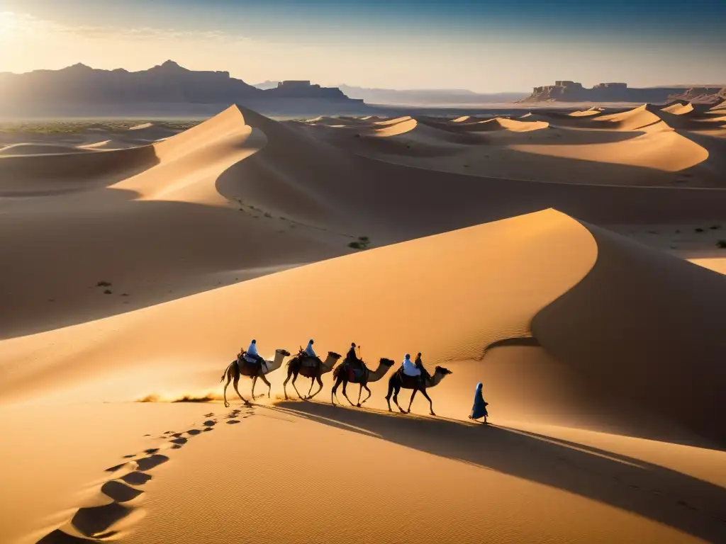 Una caravana solitaria atraviesa las ondulantes dunas del desierto, bajo el sol dorado