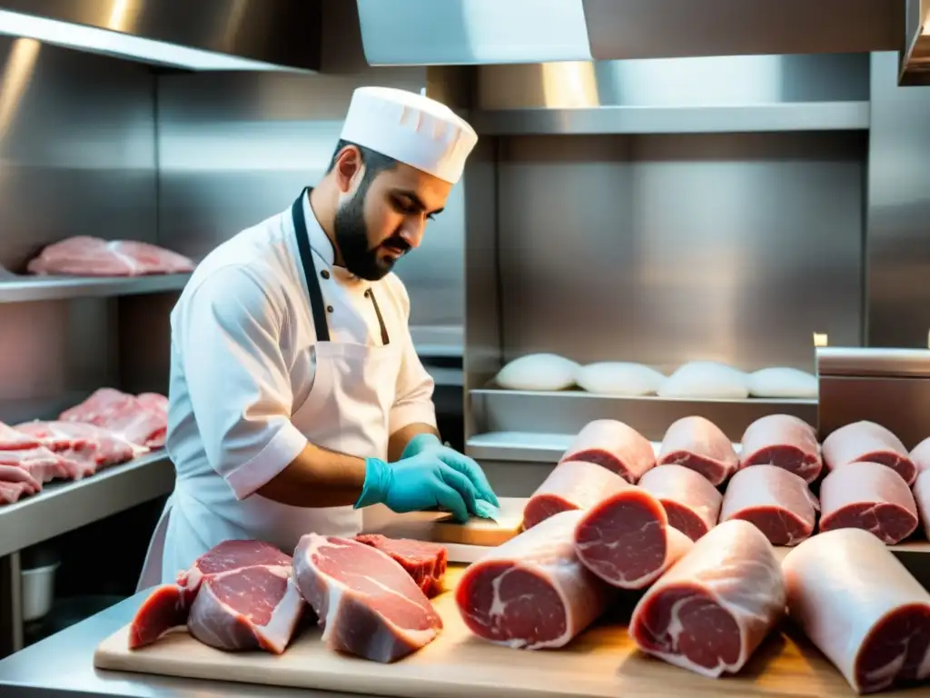 Un carnicero halal prepara la carne con precisión y respeto en una carnicería limpia y bien iluminada