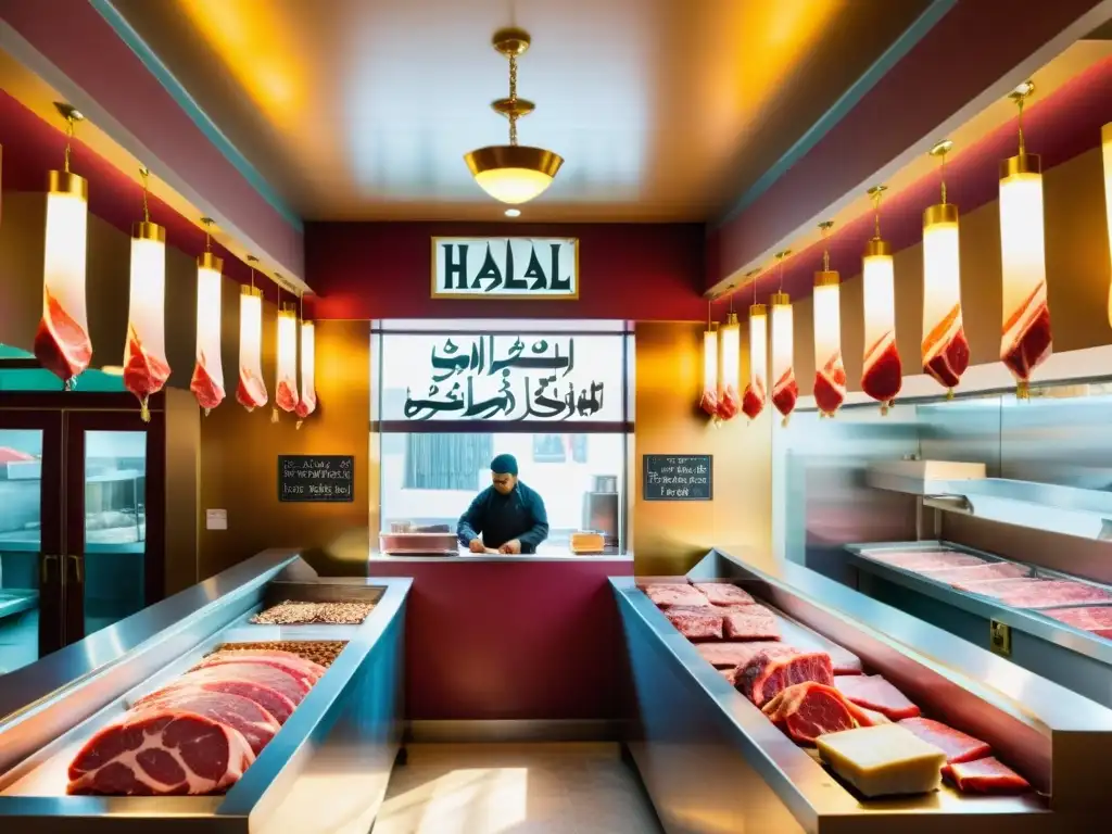 Un carnicero habilidoso trabaja en una carnicería halal decorada con caligrafía islámica