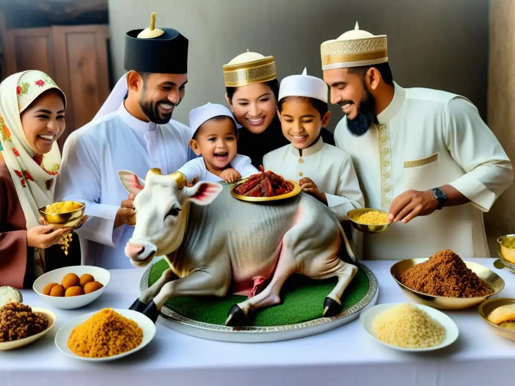 Una celebración alegre de la Aqiqah en comunidad musulmana, con rituales tradicionales y expresiones de unidad y gratitud