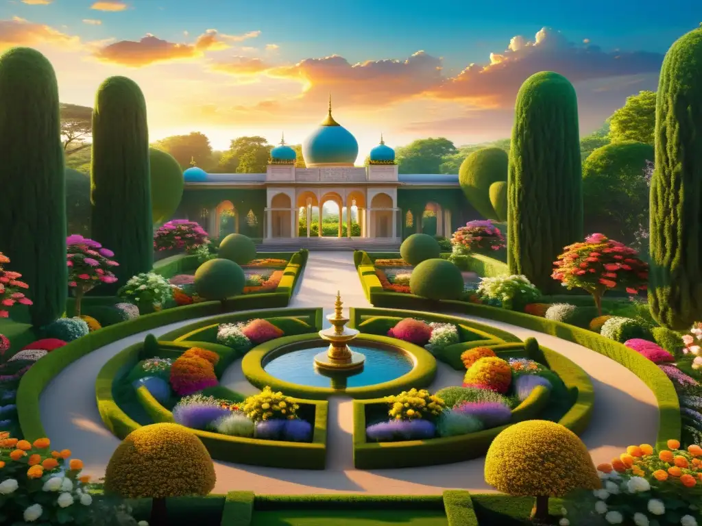 Un jardín celestial con flores vibrantes y un palacio majestuoso en un atardecer dorado