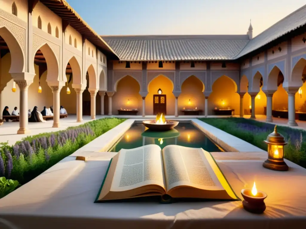 En un centro de aprendizaje islámico medieval bullicioso, académicos discuten, estudiantes estudian textos antiguos y lámparas de aceite iluminan la arquitectura