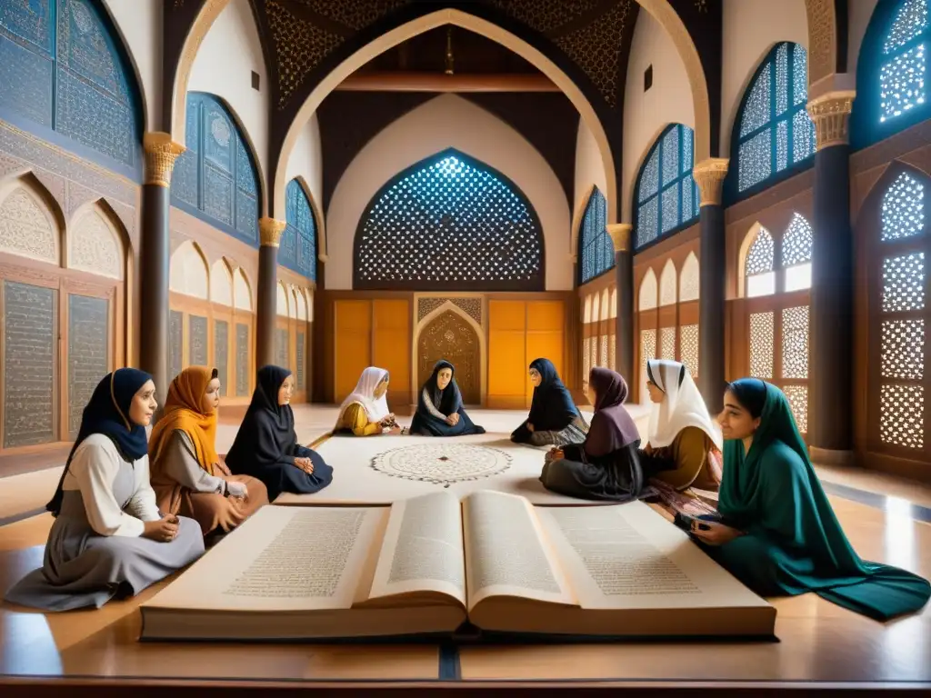 Centro islámico medieval bullicioso con mujeres preservando conocimiento astronómico y matemático, en un salón ornamentado con patrones geométricos y caligrafía intricada