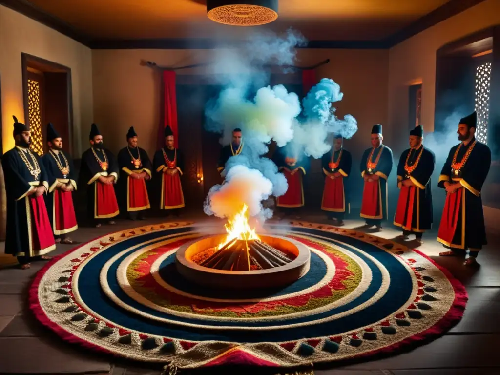 Una ceremonia Aleví tradicional en Turquía, con vestimenta y objetos rituales vibrantes, en una sala decorada con humo de incienso