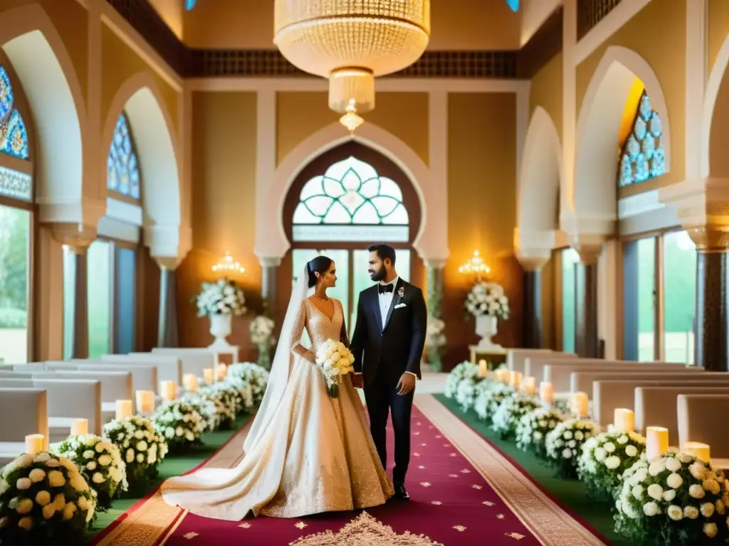 En una ceremonia de boda islámica, la pareja se encuentra rodeada de adornos florales y arte tradicional