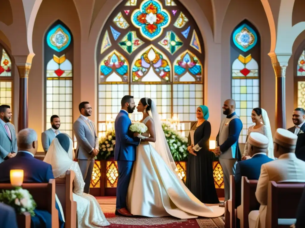 Una ceremonia de boda islámica tradicional en una mezquita ricamente decorada