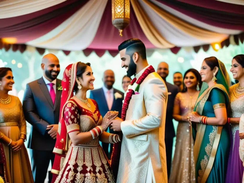 Una ceremonia de boda islámica tradicional con una pareja bajo un dosel decorado rodeados de familiares y amigos