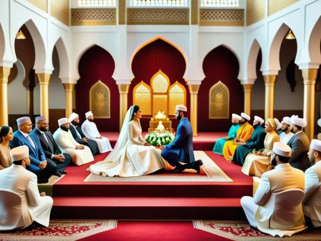 Una ceremonia nupcial islámica tradicional se lleva a cabo en una mezquita bellamente decorada