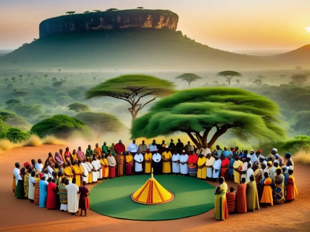 Una ceremonia religiosa africana al atardecer, con danzas, música y oraciones