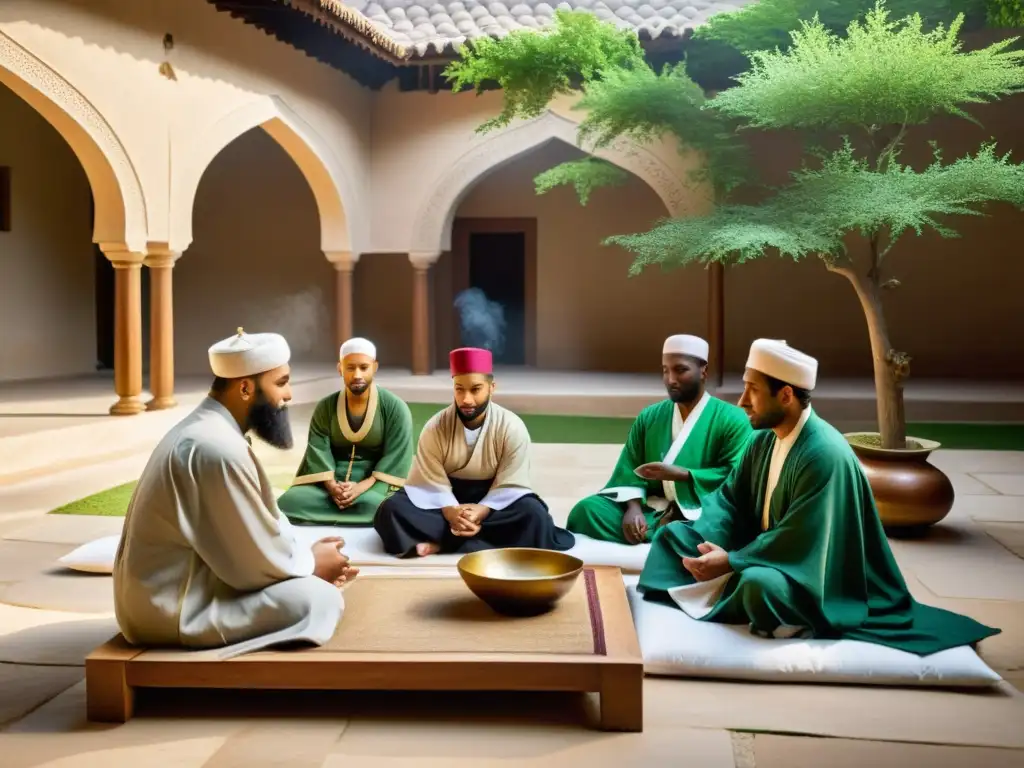 Una ceremonia de sanación islámica en un patio sereno y exuberante