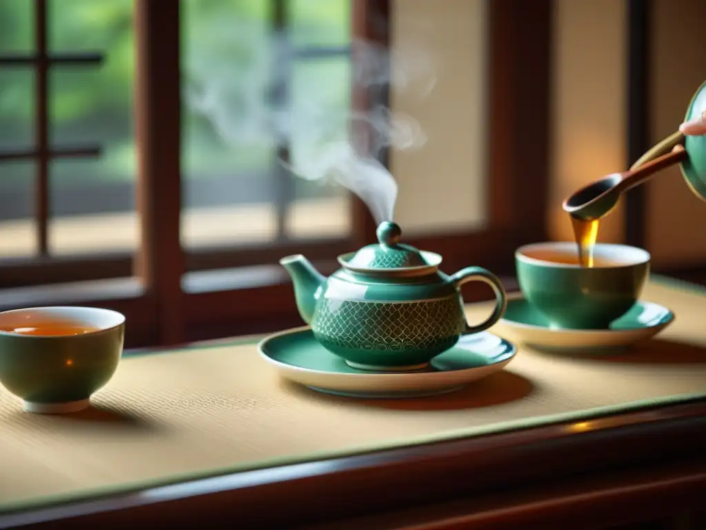 Una ceremonia de té tradicional china, con un set de té exquisitamente decorado, tazas de porcelana y un hervidor humeante