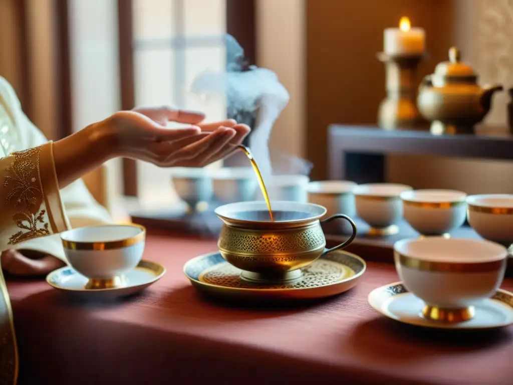 Una ceremonia de té tradicional en un hermoso salón decorado en un país del Medio Oriente