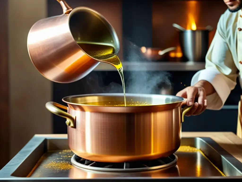 Un chef en una cocina islámica vierte aceite de oliva halal en una olla de cobre