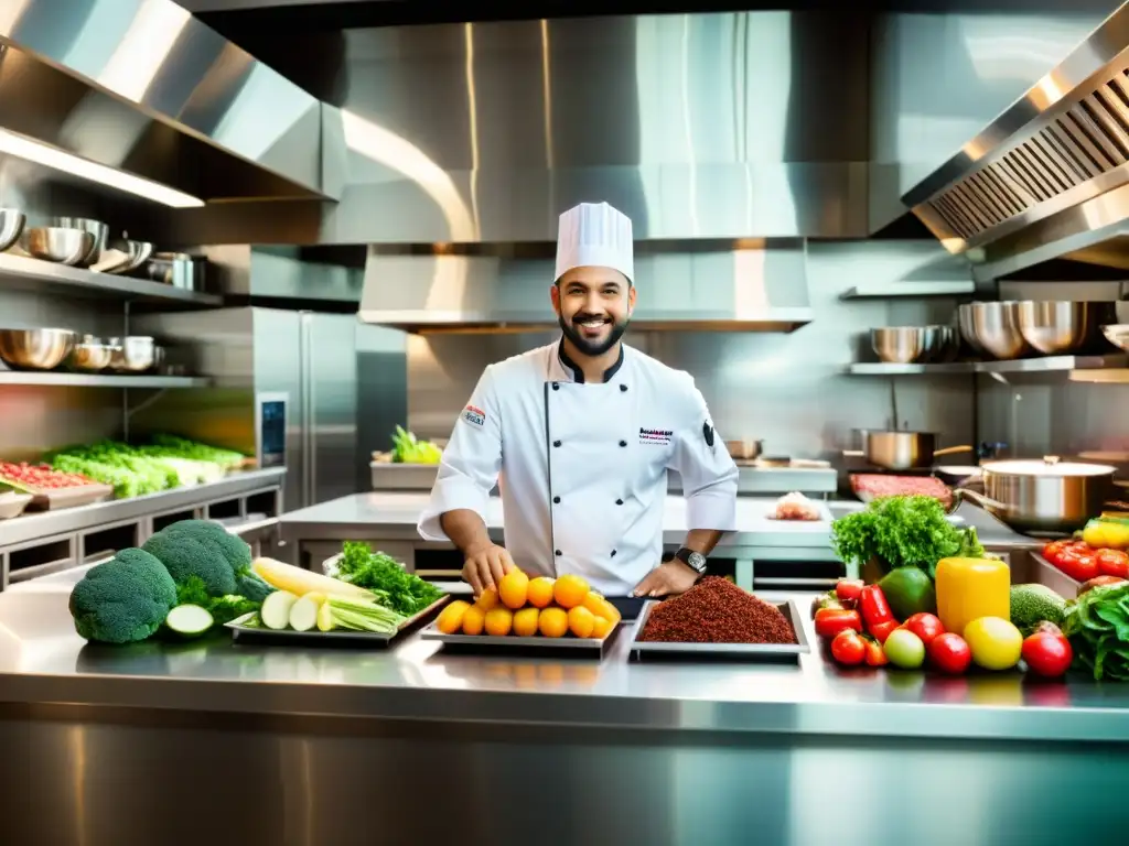 Chef preparando comida saludable en cocina de restaurante halal, con ingredientes frescos y coloridos