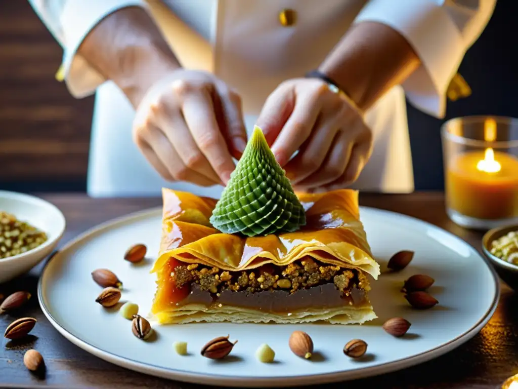 Un chef prepara con cuidado un tradicional baklava turco, mostrando la precisión y arte en la elaboración de este postre halal islámico