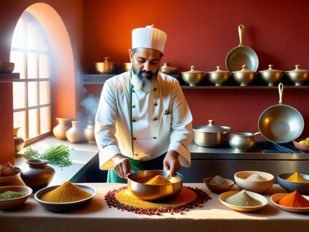 Un chef Sufí espiritual cocina con saffron en una cocina soleada, llena de especias y utensilios, conectando lo físico con lo místico