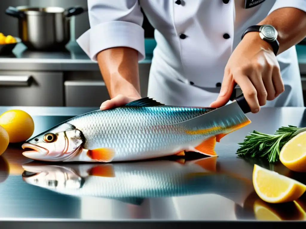 Un chef experto filetea un pescado fresco con maestría en una cocina impecable