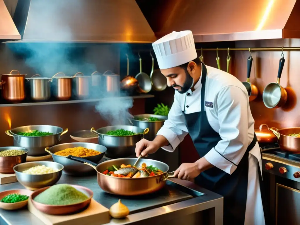 Un chef prepara Pescados del Corán en una cocina islámica tradicional, con especias vibrantes y métodos de cocción antiguos