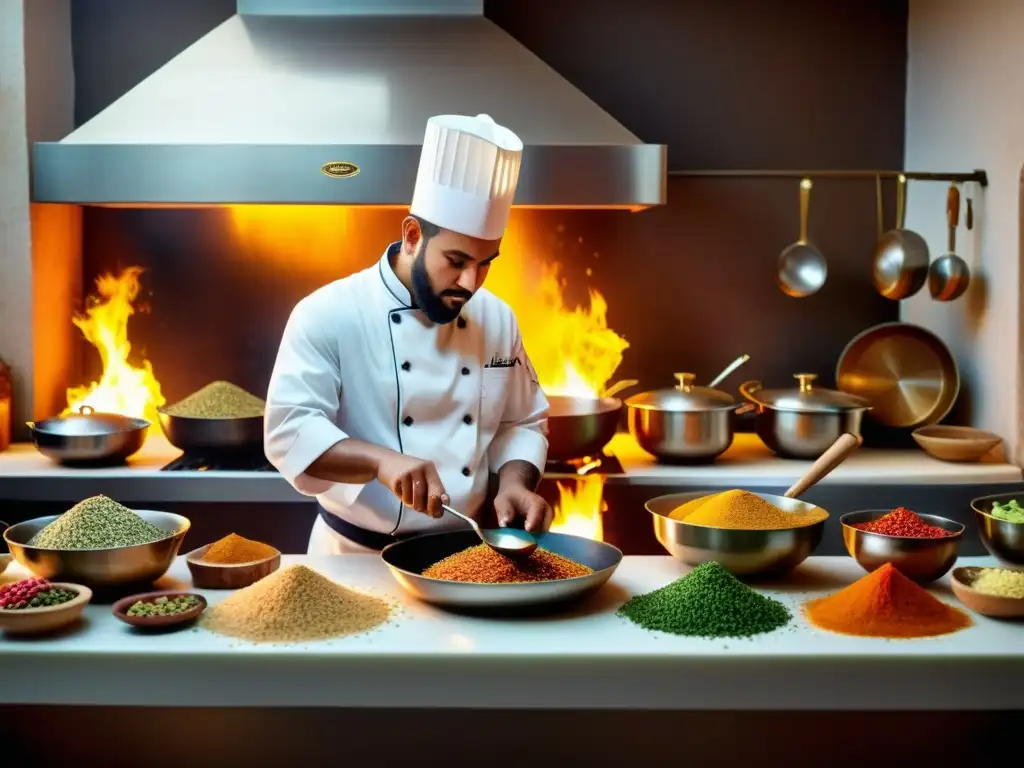 Un chef prepara pescados del Corán con meticulosidad en una cocina islámica tradicional, rodeado de especias coloridas