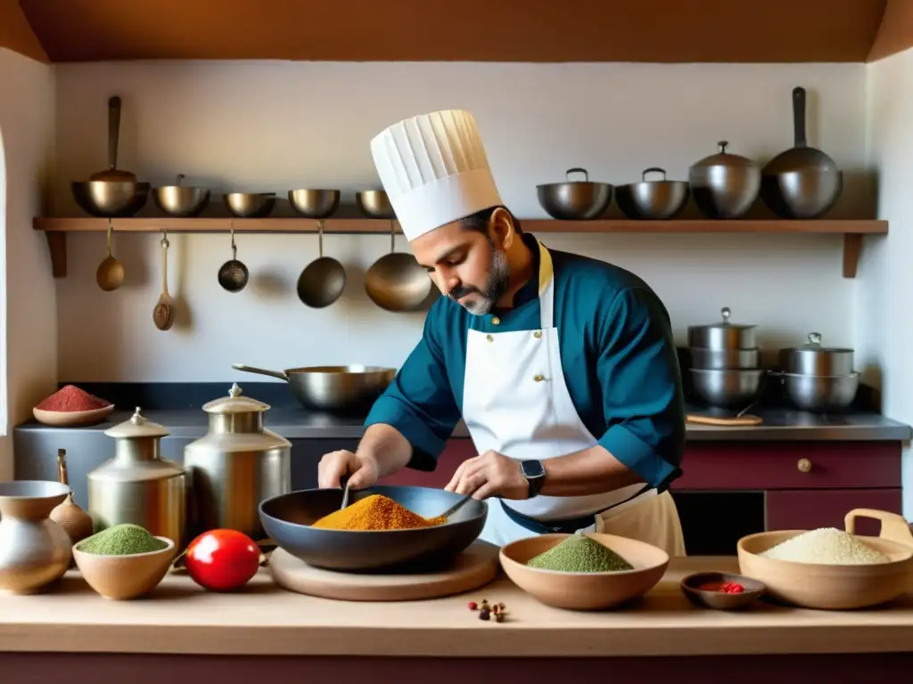 Un chef preparando una receta tradicional AlÁndalus en una cocina vibrante y llena de autenticidad