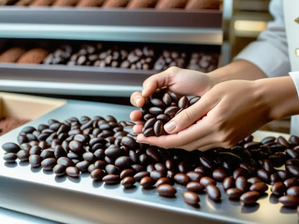 Un chocolatero selecciona granos de cacao con cuidado, brillando bajo la suave luz natural