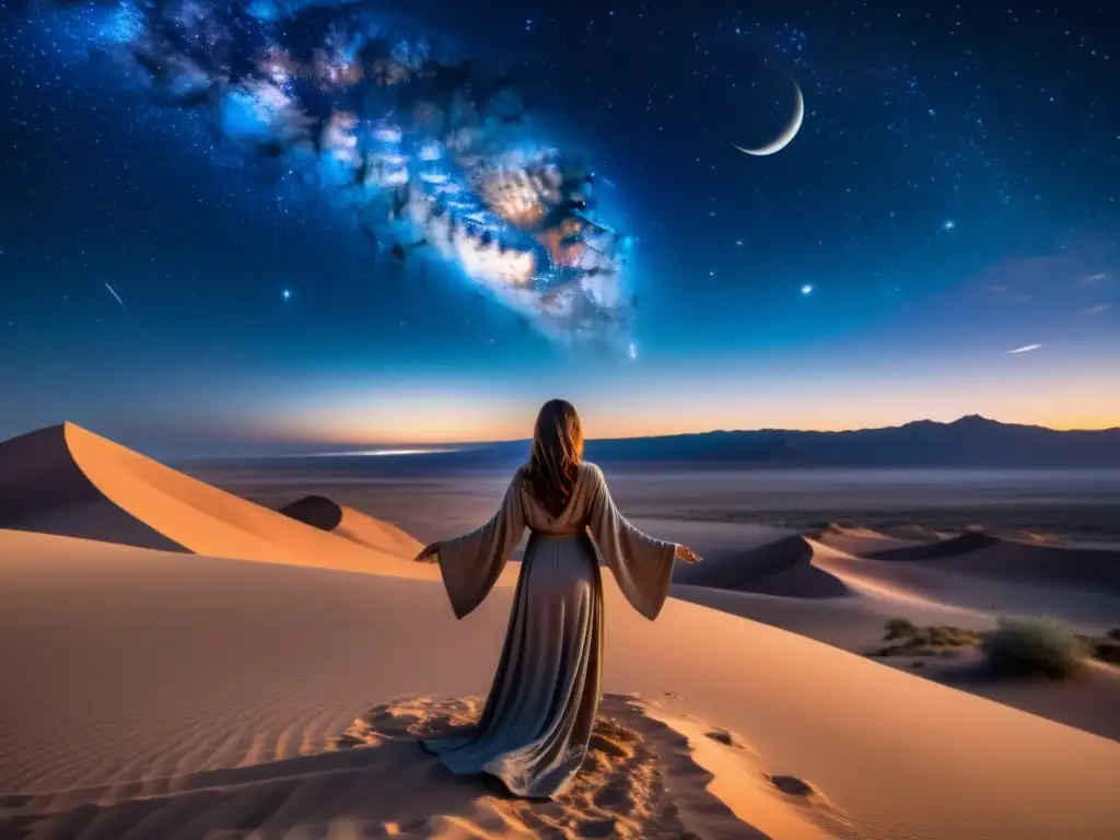 Bajo un cielo celestial, un ser reverente contempla la poesía cósmica de Ibn Arabi en un desierto sereno