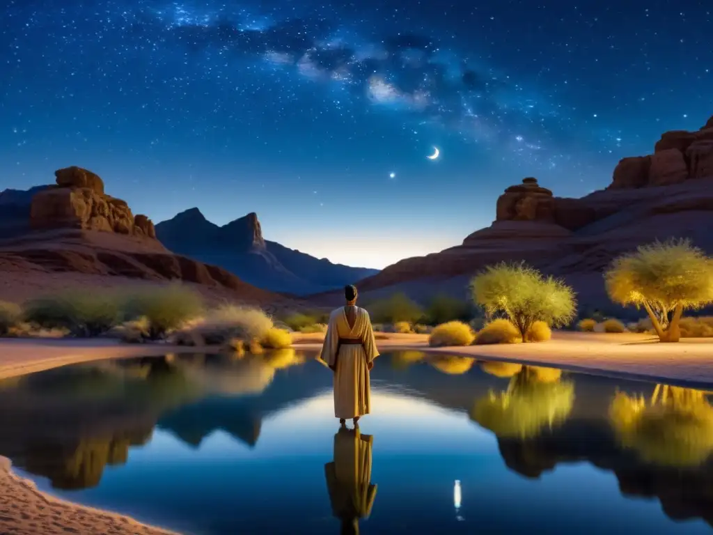 Bajo el cielo estrellado, un oasis desierto evoca los cuentos sufíes de amor y desapego, con una figura en meditación junto al agua