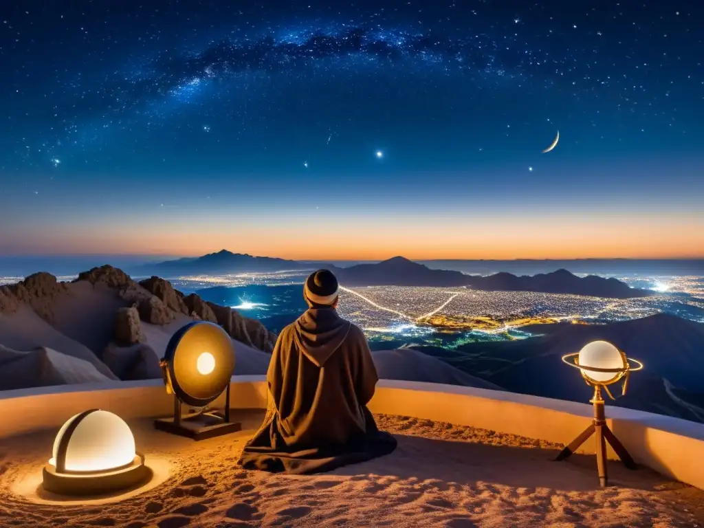 AlBattani observa el cielo nocturno rodeado de instrumentos astronómicos antiguos, con el brillo de las estrellas iluminando su rostro y el paisaje