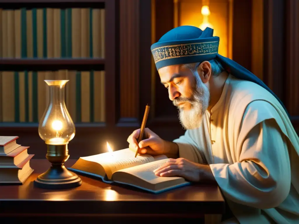 Avicenna, científico musulmán, estudia antiguo manuscrito sobre óptica en biblioteca iluminada por lámpara de aceite