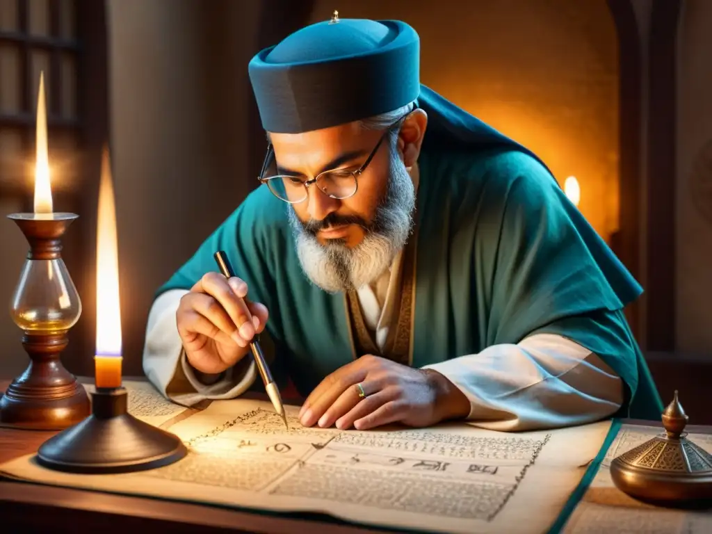 Un científico musulmán de la época medieval examina detenidamente una lente de cristal, rodeado de instrumentos y diagramas