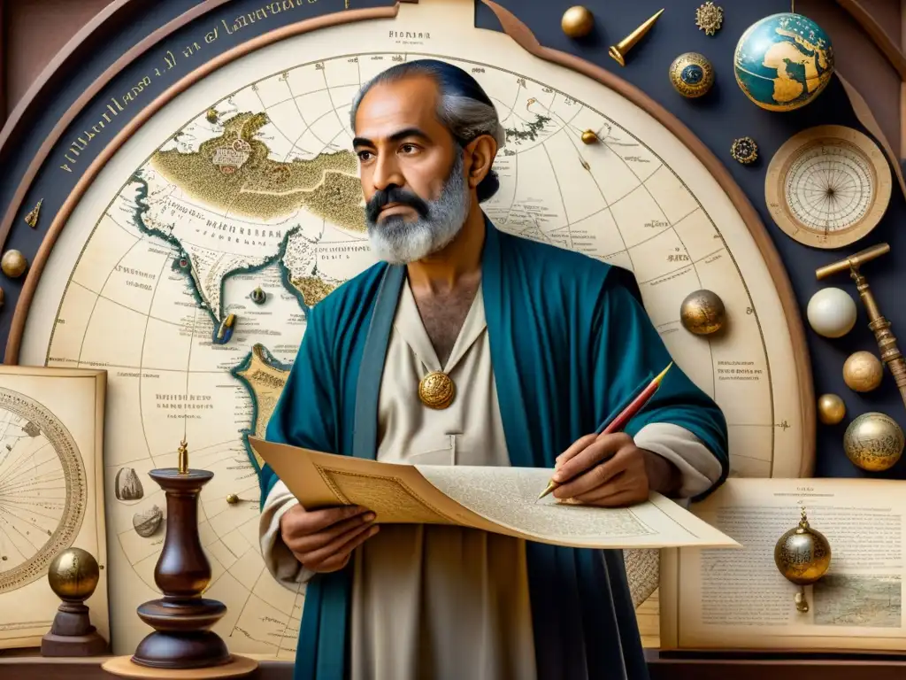 AlBiruni, científico musulmán, inmerso en su legado geográfico y cartográfico, rodeado de instrumentos astronómicos y pergaminos detallados