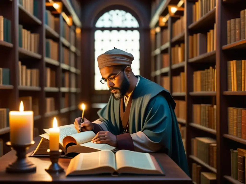 AlBiruni, científico musulmán, inmerso en el legado cultural, estudia manuscritos antiguos en una biblioteca ornamentada y tenue