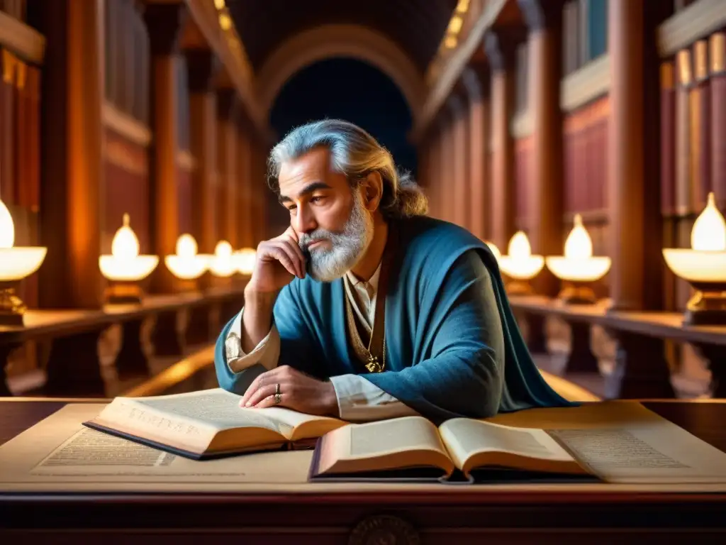 AlBiruni, científico musulmán, inmerso en su legado cultural, estudia las estrellas en una biblioteca grandiosa