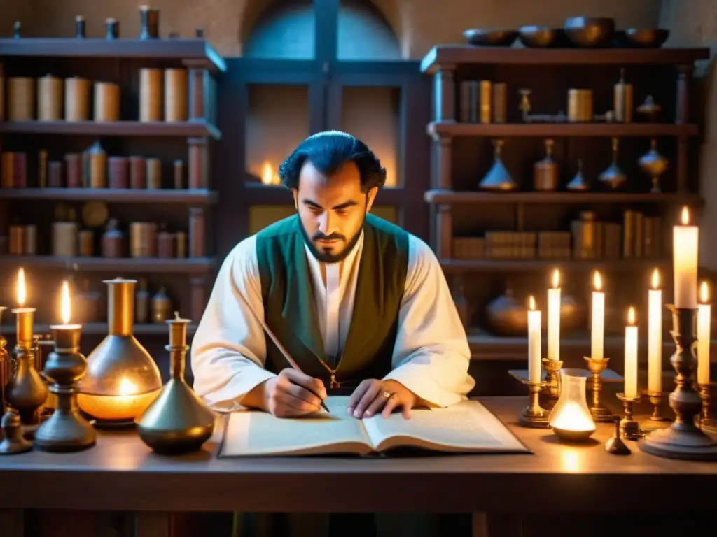 Ibn alHaytham, científico musulmán, revolucionando la óptica en su laboratorio medieval iluminado por velas